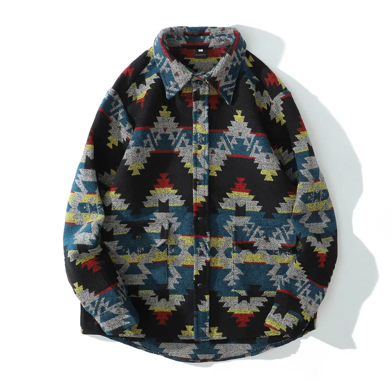 Flannel Men's Shirt Ethnic Style Element Pattern Long Sleeve Casual Button Up Pocket Jacket, Brushed Soft Outdoor Top Shirts