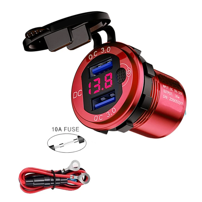 

QC 3.0 Dual USB Car Charger Socket 12V/24V USB Charger with Contact Switch for Boat Motorcycle Truck Golf Cart