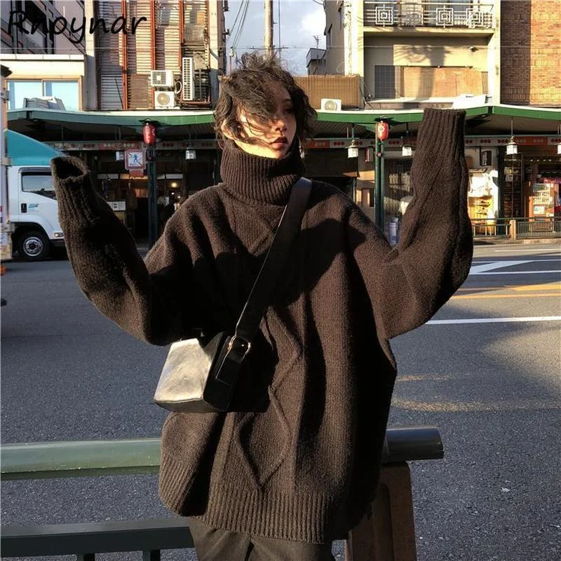 

Свитер женский с высоким воротником, свободная винтажная теплая однотонная Водолазка с длинным рукавом, Повседневная модная шикарная улич...