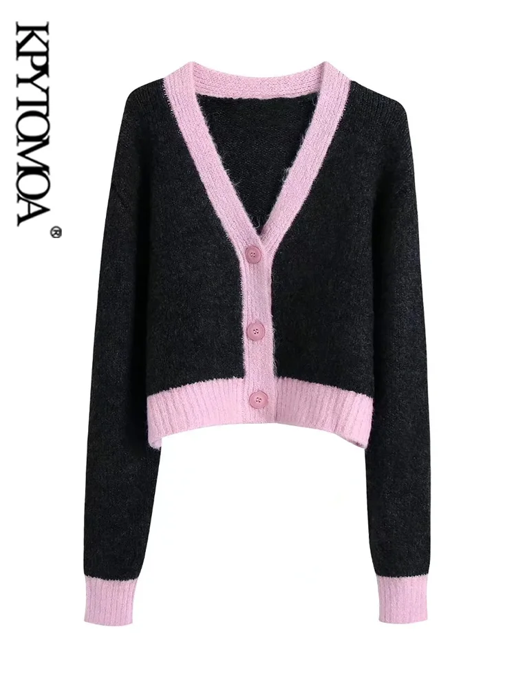 

Женский трикотажный Укороченный кардиган KPYTOMOA в стиле пэчворк, винтажный свитер с V-образным вырезом и длинным рукавом, женские пуловеры, ши...