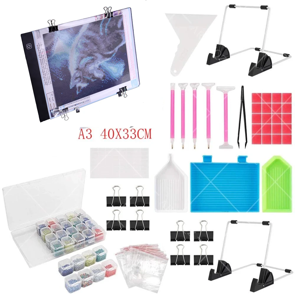 New Diamond Painting Cross Stitch Tool Set A3 LED Light Pad, Pen, Tweezers, Clay, Tray, Roller and Diamond Embroidery Accessorie