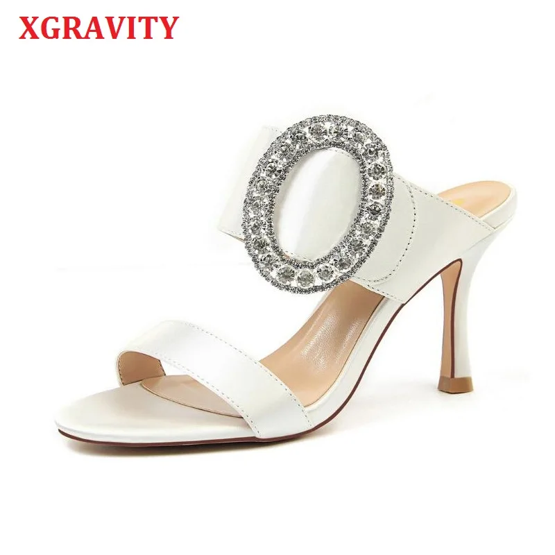 XGRAVITY фирменные хрустальные шелковые Модные женские сандалии на тонком высоком