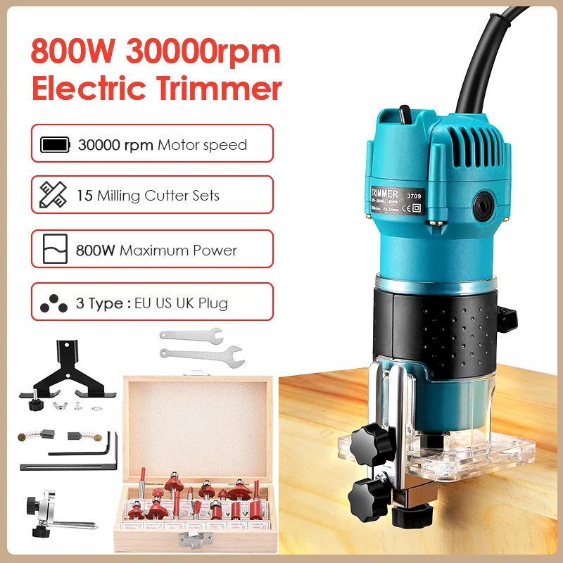 

AC 110V 220V Electric Wood Trimmer Compact Router 15 Wood Milling Cutter Sets 6.35MM Wood Slotting Arc Trimming Carving Machine