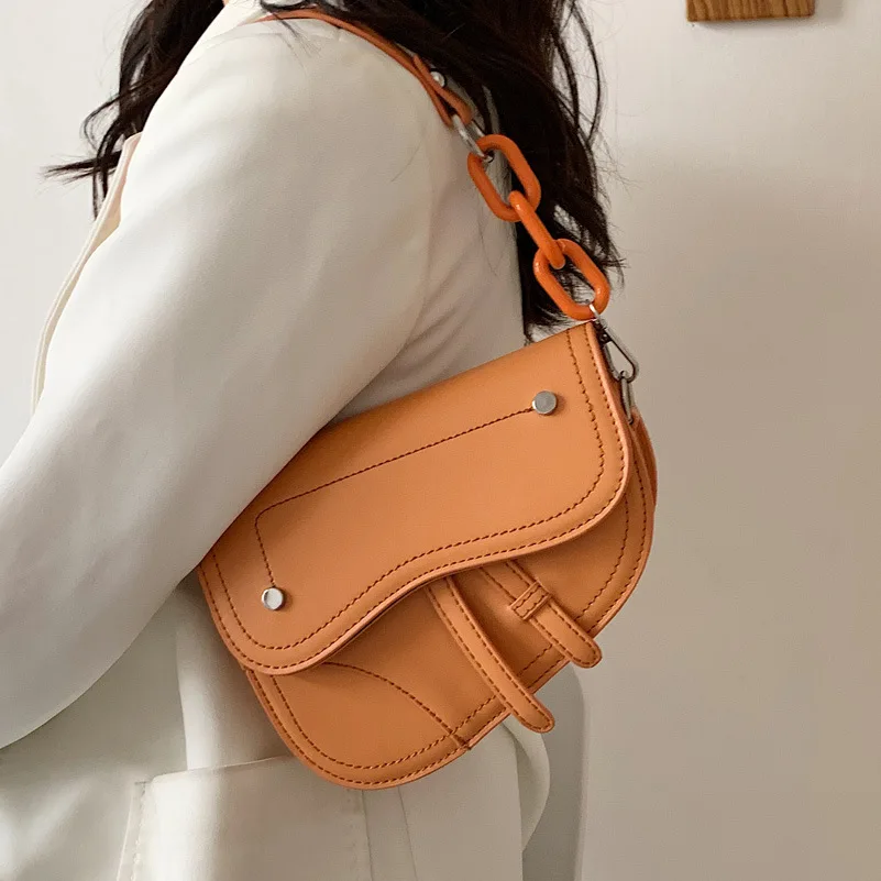 

Baguette Bags For Women 2021 New Luxury Saddle Fashion Orange White Ladies Small Shoulder Underarm Bag Purses And Handbags