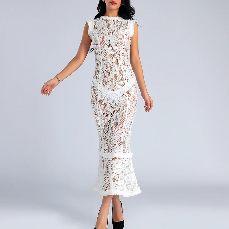 Женское кружевное платье макси Beateen розовое с длинными рукавами и цветочной