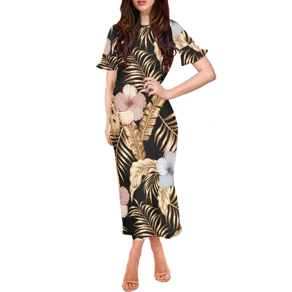 

Tropical Palm Leaf Women Midi Dress Sexy Collage Pattern Design Bodycon Dress Autumn Casual Short Sleeve O Neck Female Clothing