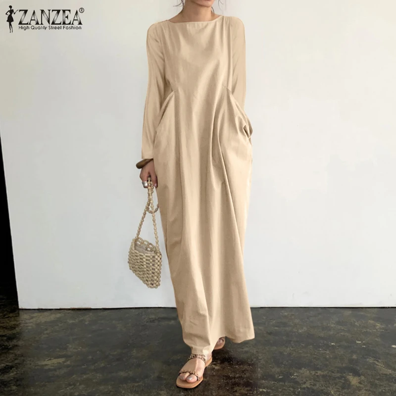 

ZANZEA 2021 Elegant Solid Maxi Dress Women Autumn Party Dresses Casual Long Sleeve sarafans Vestidos Female Beach Robe Oversized
