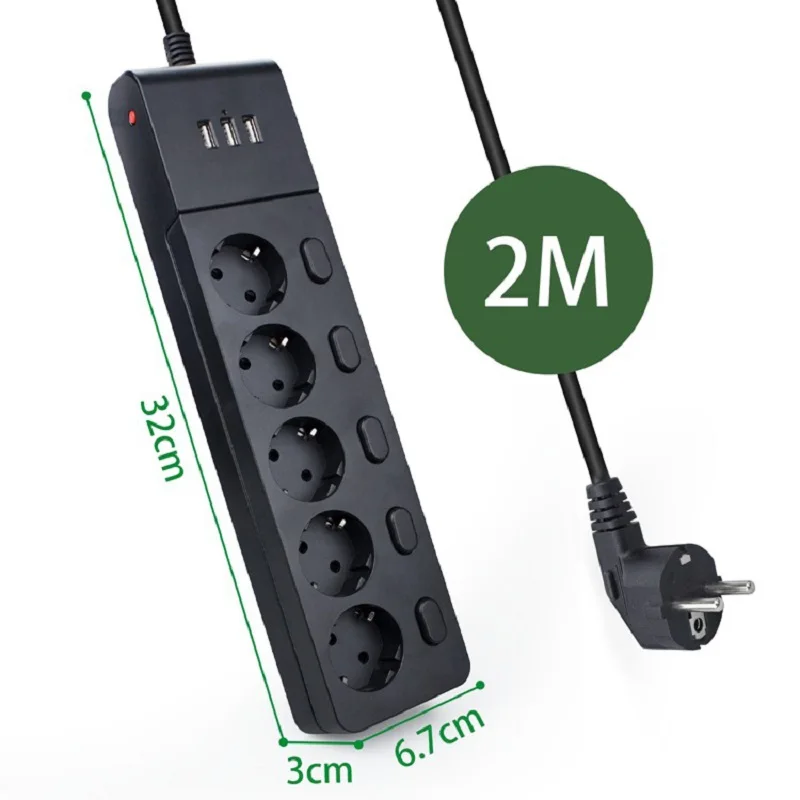 Удлинитель электрический с 5 розетками USB и независимым переключателем 2 м |