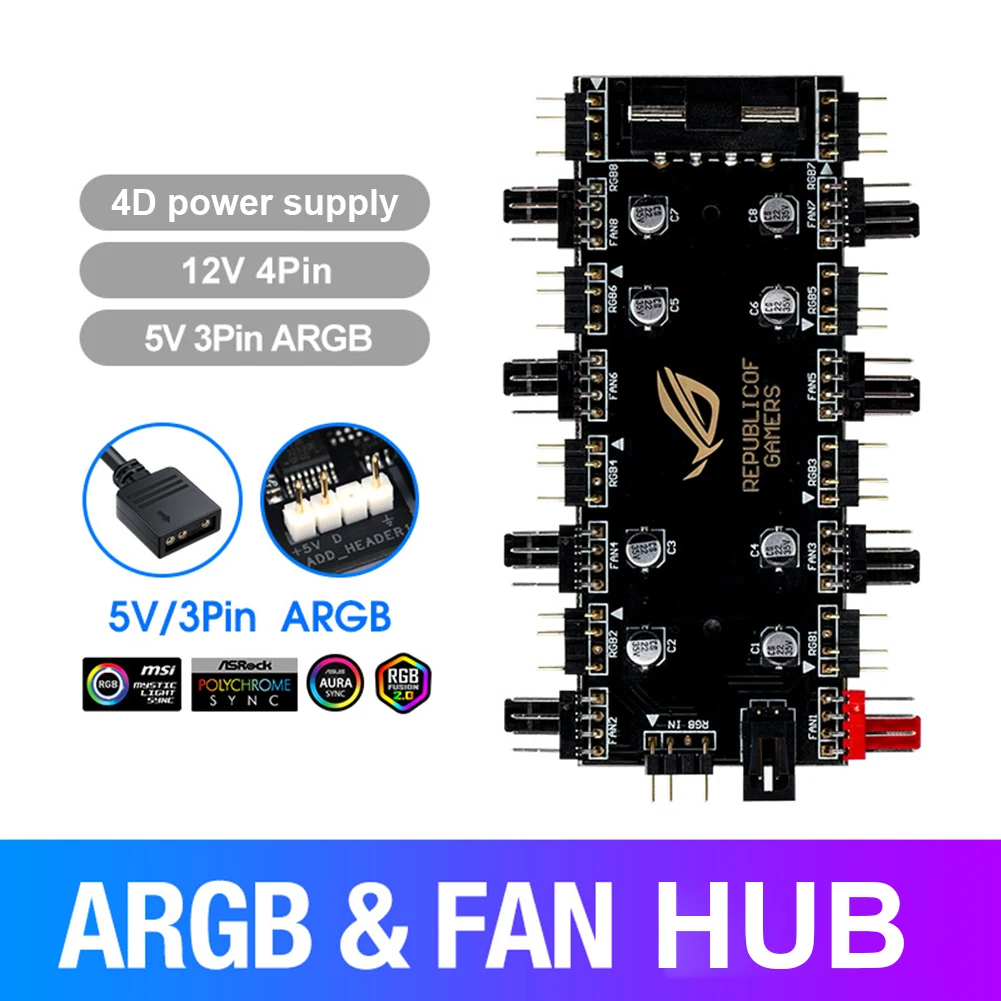 

12V/4PIN 5V/3 Pin ARGB 4 Pin Fan PWM HUB 1 To 8 Multi Way Splitter for Motherboard LED Strip Light Control Adapter By SATA/4D