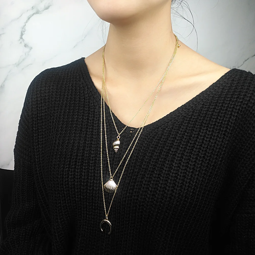 

FINE4U N169 Multi-layer Natural Sea Shell Pendant Necklace Stainless Steel Long Chain Necklaces Summer Conch Shell Beach Jewelry