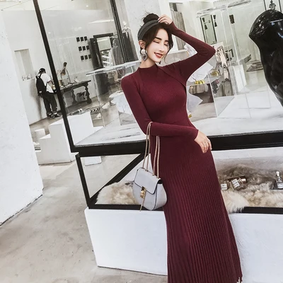 Бургундия Women Slim Long Maxi Knitting Sweater Dress Autumn Winter Full Sleeve Pleated A-line Dress Big Swing Ladies Pullover Dresses - Цвет: Бургундия