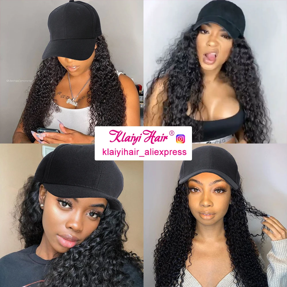 

Klaiyi Culry Hair Hat Wig 20 Inch Curly Human Hair Wigs For Women Black Baseball Cap Wigs With Hair Attached Lazy Girls Friendly