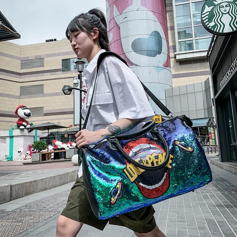

New fashion all-match sequin alphabet gym bag short-distance travel bag portable sports bag large capacity duffel bag women