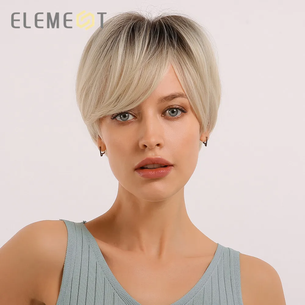 Element Synthetic Short Straight Black Root Ombre Blonde Pixie Cut Wigs with Side Bangs for White/Black Women Heat Resistant | Шиньоны и