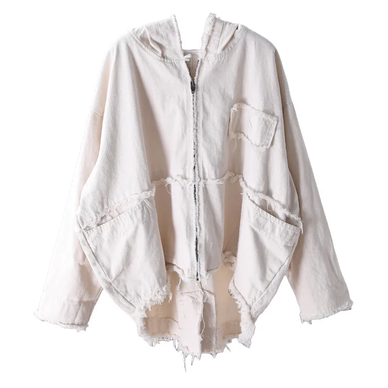 

[IEQJ] 2021 Spring Autumn New Pattern Lapel Long Sleeve Solid Patchwork Zipper Hooded Vintage Coat Women Fashion Tide AK34700