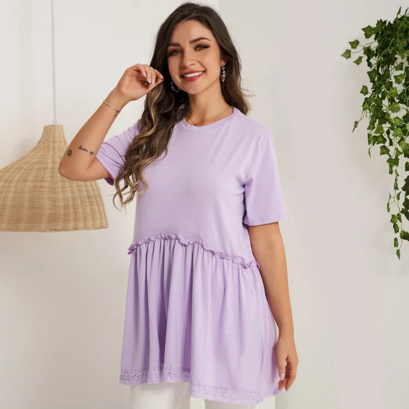 

2022 New Summer Women T-shirt Purple Loose Stitching Patchwork Hem Pleated Shirring O-neck Casual Sweet College Short Sleeve Top