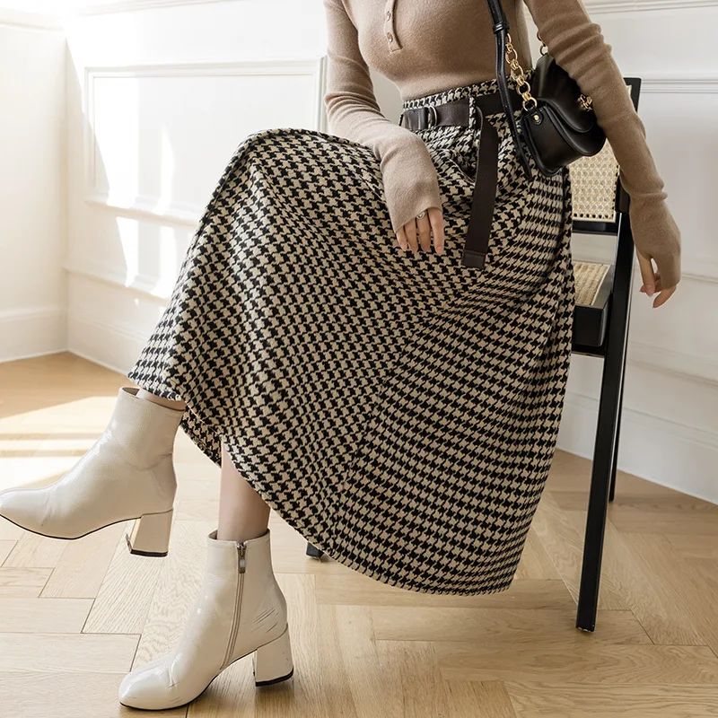 

2020 Autumn & Winter New Korean High Waist Slimming Simple Plaid Irregular Big Swing Women A-line Long Skirt With Free Shipping