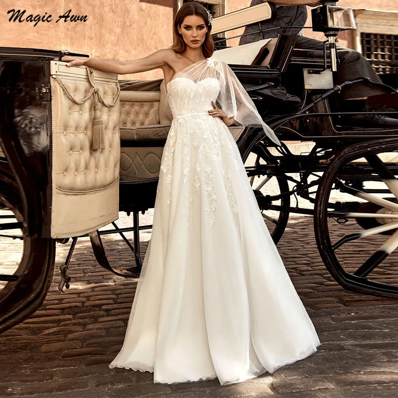 

Magic Awn Vintage One Shoudler Wedding Dresses 2021 Lace Appliques Illusion Princess Bridal Gowns A-line Robe De Mariage