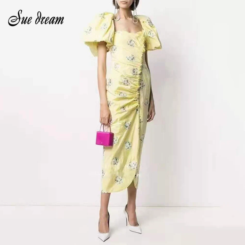 

Винтажное Плиссированное тонкое платье с цветочным принтом; Новинка 2021 года; Летнее модное Клубное платье миди с пышными рукавами и оборкам...