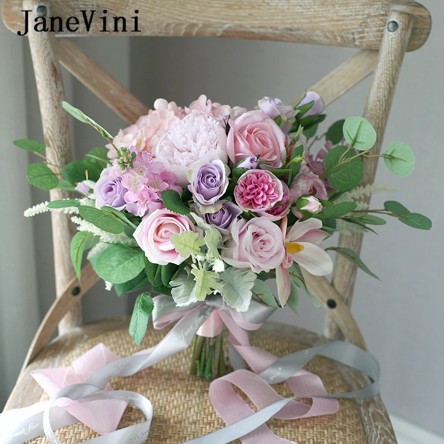 

JaneVini Romantic Bridal Bouquets Purple Pink Wedding Artificial Silk Peony Rose Green Leaves Bride Holder Flowers Ramo De Novia