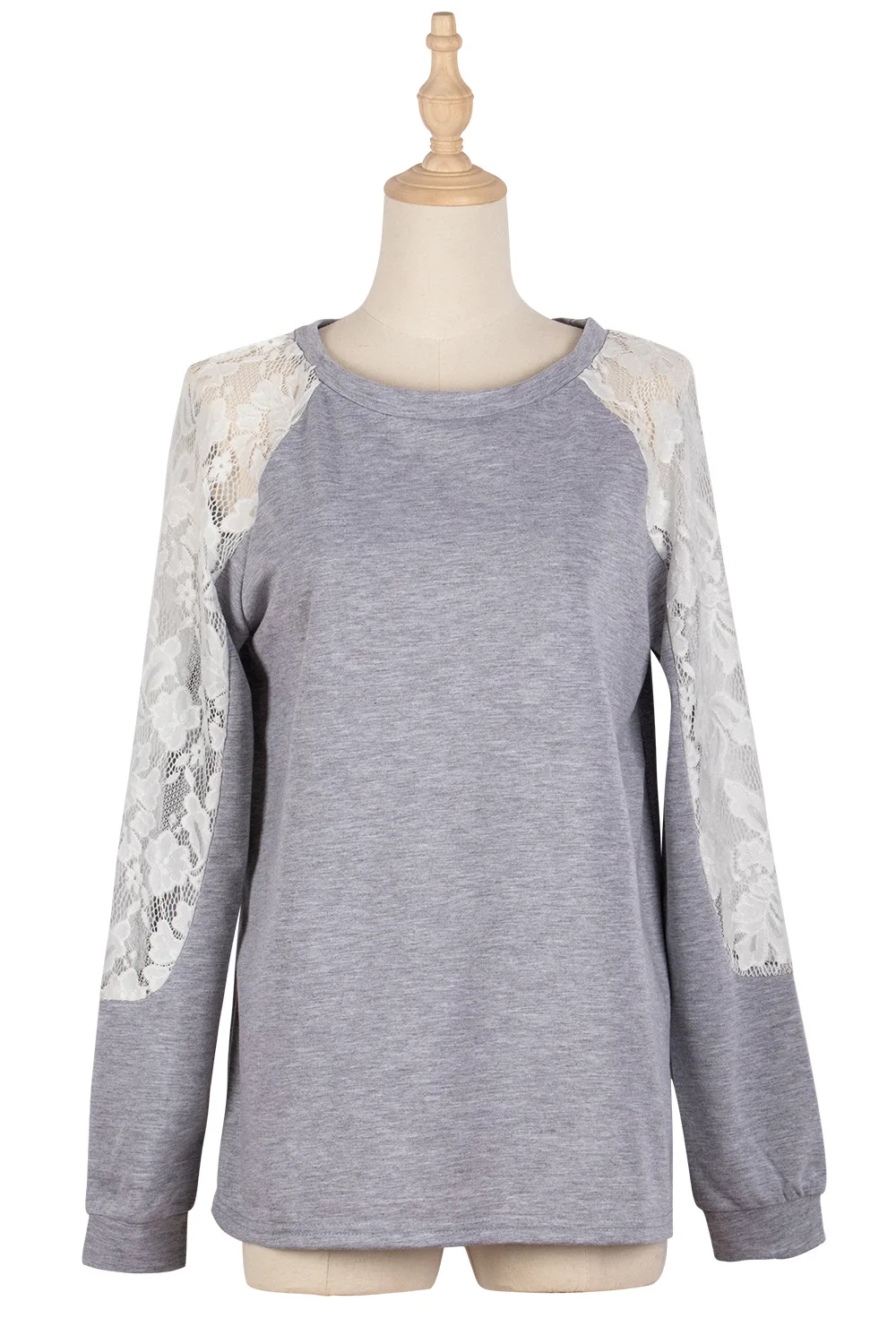 

Z-ONE 2020 Autumn and Winter New Women's Solid Color Stitching Round Neck Casual Lace Long-Sleeved T-Shirt Top Sweater Grey