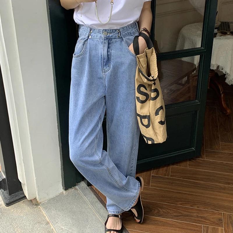 

High Waist Solid Denim Trousers Women's Korean Fashion Loose Jeans Woman Casual Slimming Straight Wide Leg Pants Ladies 2021