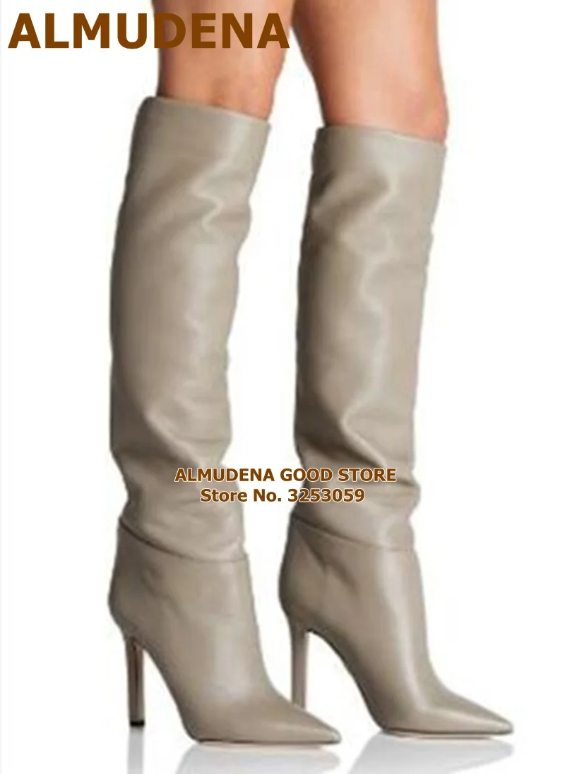 Альмудена бежевого цвета из матовой кожи Сапоги до колена с острым носком