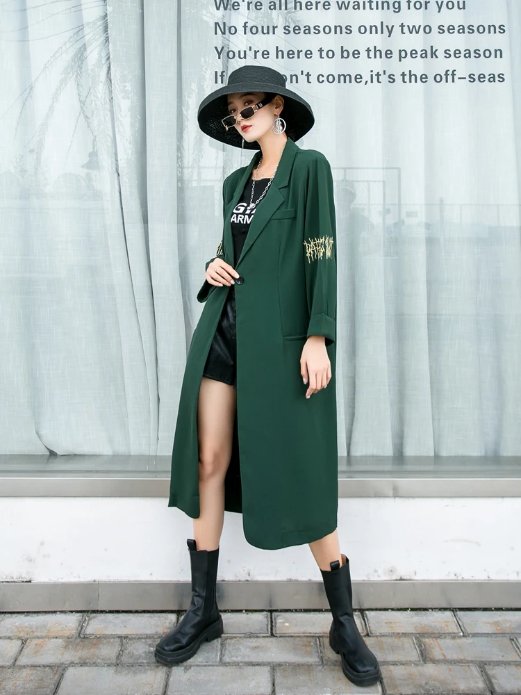 

QING MO Green Women Elegant Suit Coat Casual Women Embroidery Trench Coat Female V Neck Single Button Suit Cardigan ZQY5290