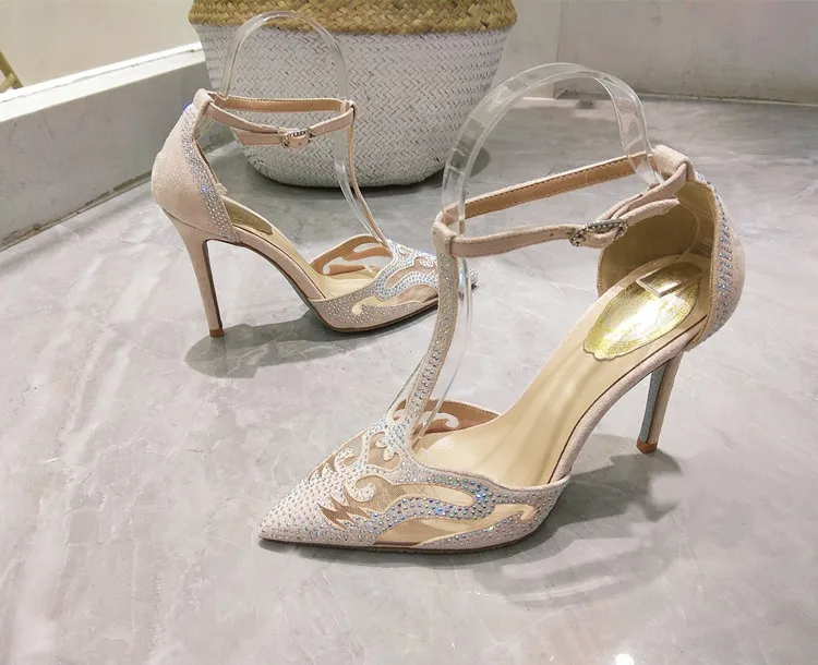 

Women Sandals Shinning Pearl Bridal 8cm Heel Fine High Heels Slender Bridal Pumps T Strap PVC Wedding Shoes