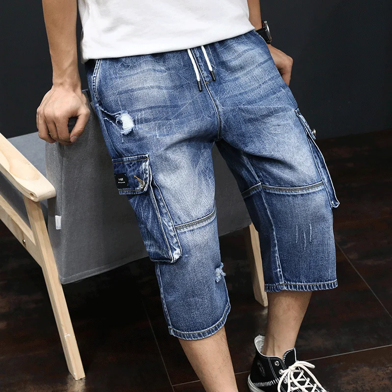 

Summer Thin Section Loose Jeans Men Large Size Calf Length Pants Men Tooling Style Cotton High Quality Casual Jeans