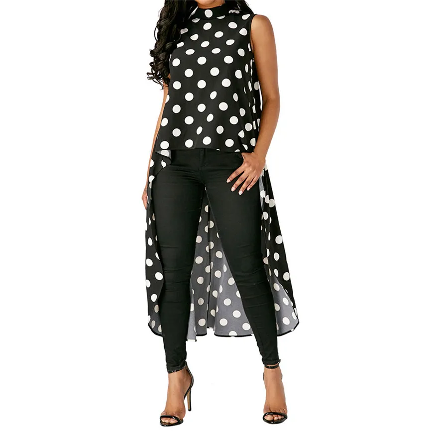 Топ Без Рукавов Женские рубашки для женщин модные повседневные в горошек черные