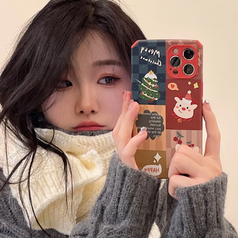 

Cute Cartoon Merry Christmas Tree Bear Phone Case For iPhone 13 12 11 Pro Mini Xs Max X Xr 7 8 Puls SE 2 Soft Leather Back Cover