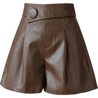 dimi ladies elegant short trousers pocket female autumn winter button womens faux pu leather shorts new high waist