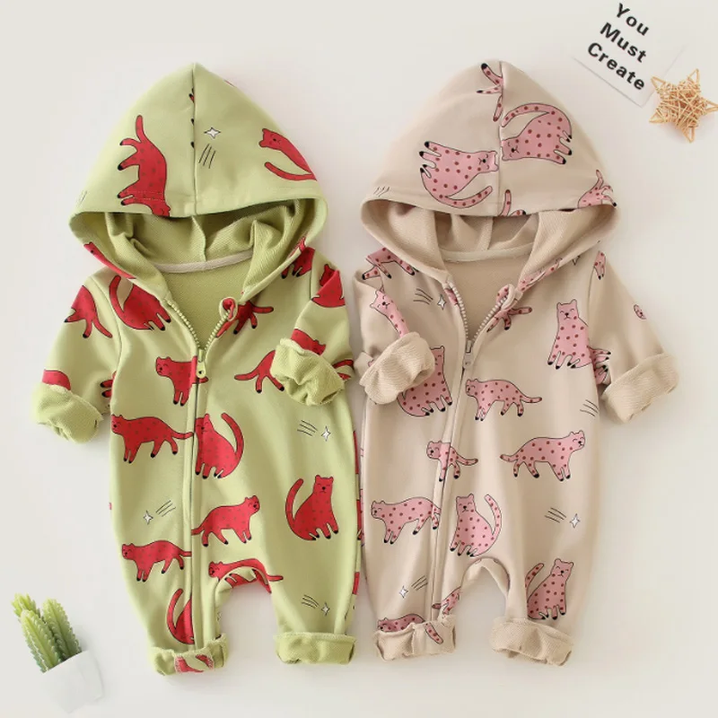 

Spring Newborn Baby Rompers Cartoon Leopard Print Long Sleeve Trousers Hooded Jumpsuit Cotton Fall Outfits For Baby Girls