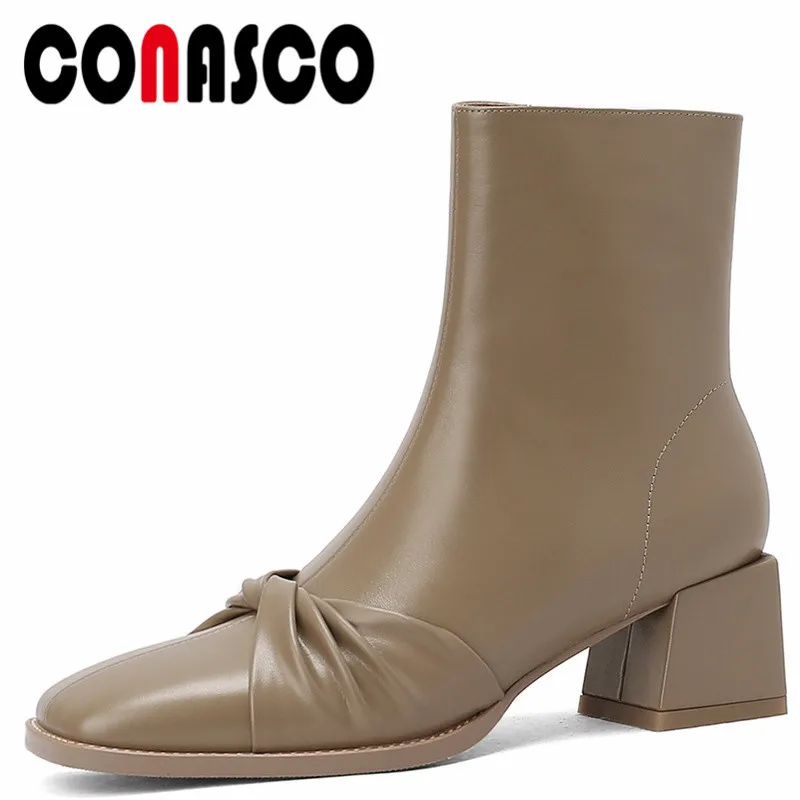 

CONASCO Retro Elegant Women Ankle Boots Autumn Winter Warm Cow Leather Party Basic Prom Office Concise Sweet Shoes Woman