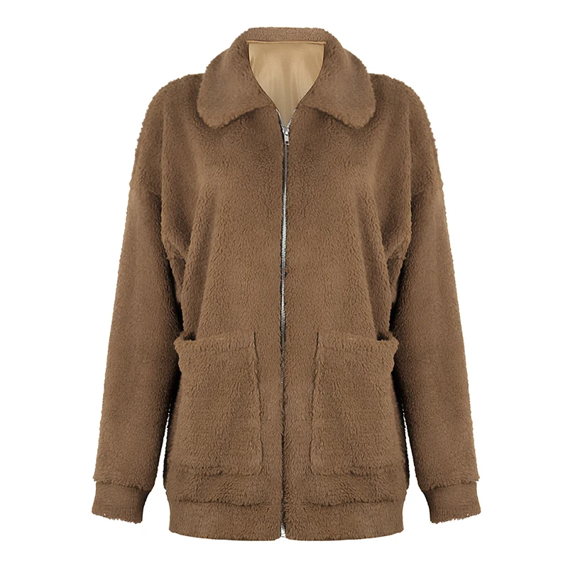 Women Warm Jacket Zipper Long Sleeve Lapel Coat Ladies Fleece Faux Fur Outwear Winter Windproof Thick Plus Size 2XL |