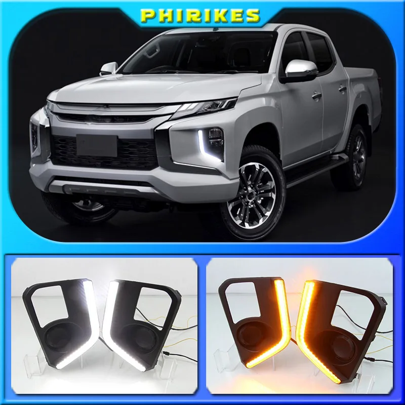 

Daytime Running Lights For Mitsubishi Triton L200 2019 LED DRL driving Fog Lamp Cover with Yellow Turn Signal Lamp style relay