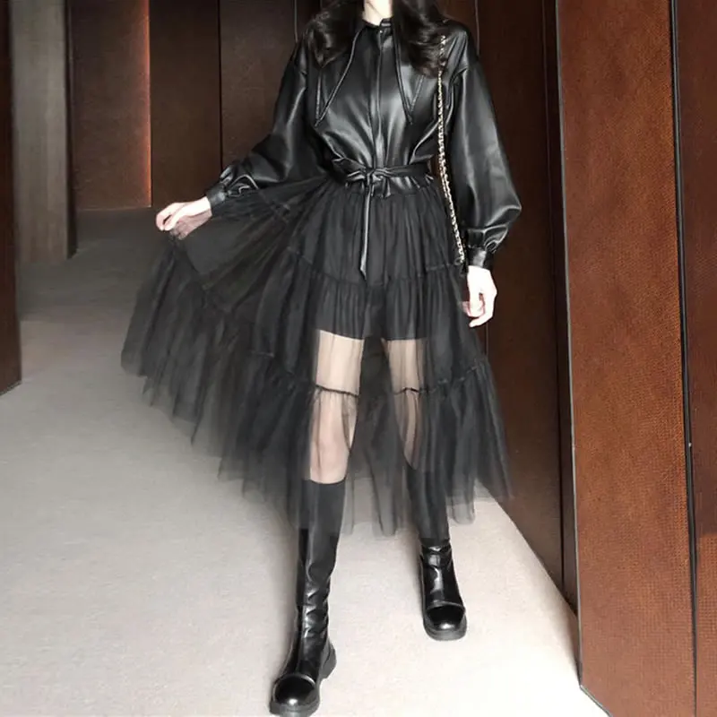 

XITAO Solid Color Splicing Dress Winter The New Fashion Mesh Elegant Pu Top Bandage Peter Pan Collar Streetwear Trendy ZY2965