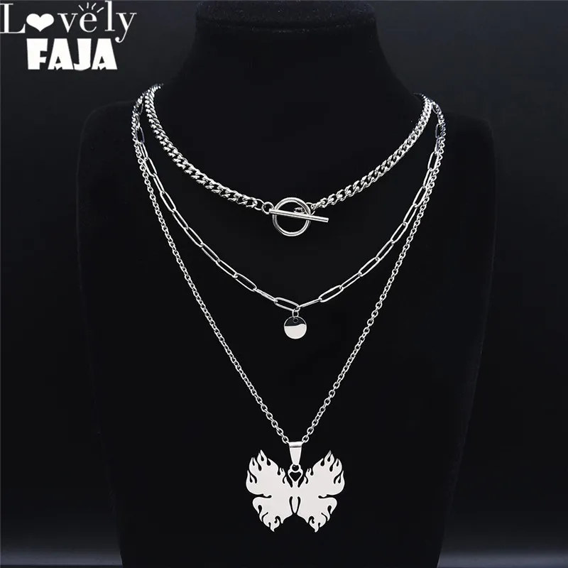 

3PCS Punk Hip Hop Stainless Steel Layer Necklace Silver Color Butterfly Necklaces Chain Jewelry chaine acier inoxydable NXS03