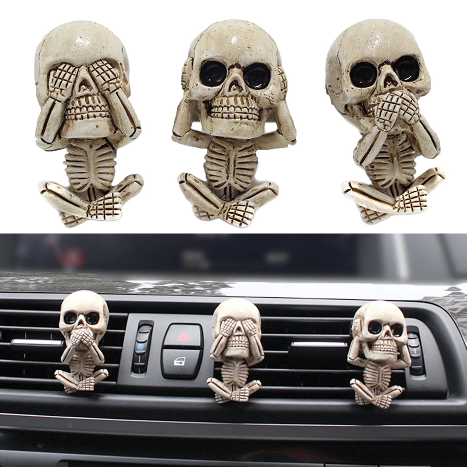 

3 Pack Miniature Resin Skull Statue Car Air Vent Mount Skeleton Figurine