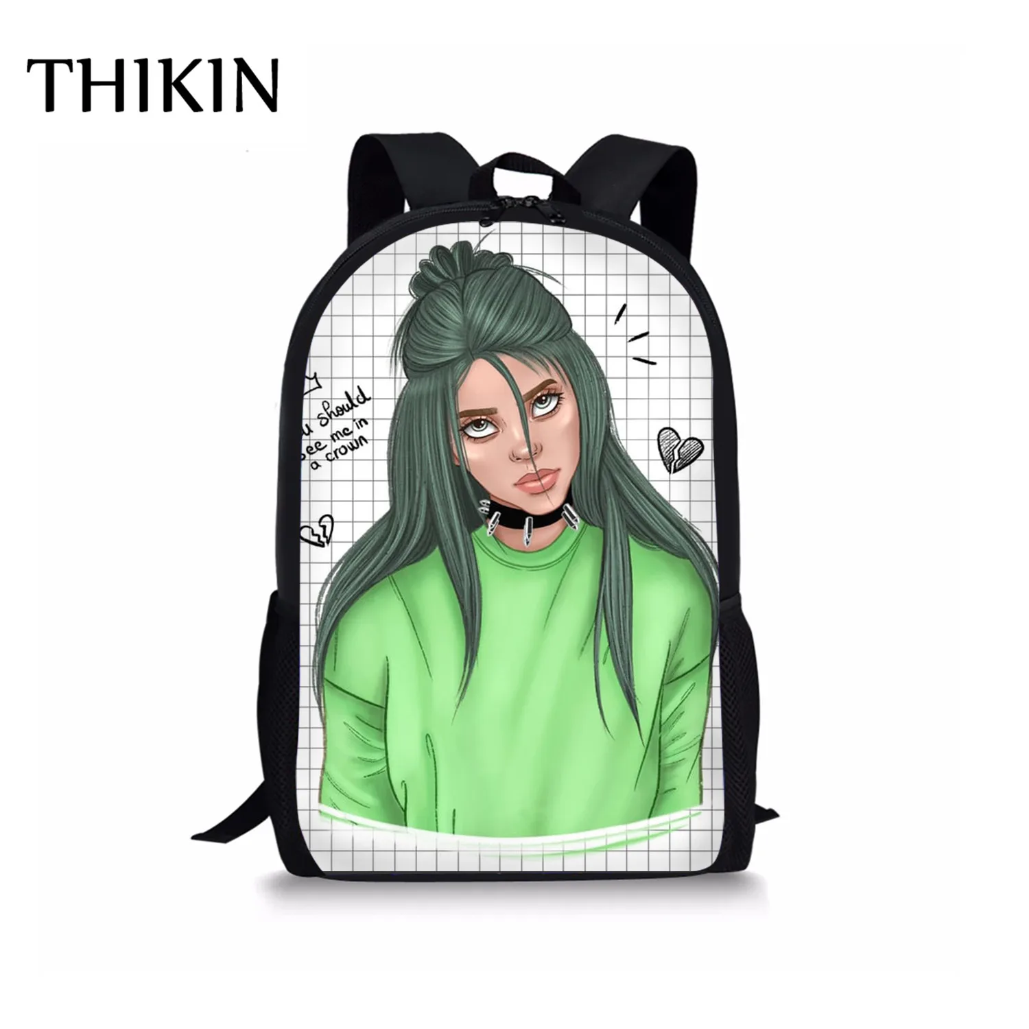 Женский рюкзак THIKIN Rapper Billie Eilish для девочек-подростков, школьная сумка в стиле хип-хоп для женщин, вместительная сумка для путешествий, Студенческая сумка Mochila - Цвет: As picture