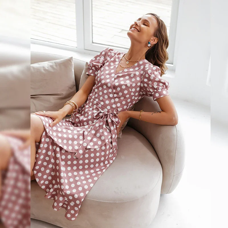 

Casual Summer Dress Women Vintage Polka Dot Print Ruffle Sash A-line Midi Robe Holiday Elegant Dresses 2021 Asymmetry Vestidos