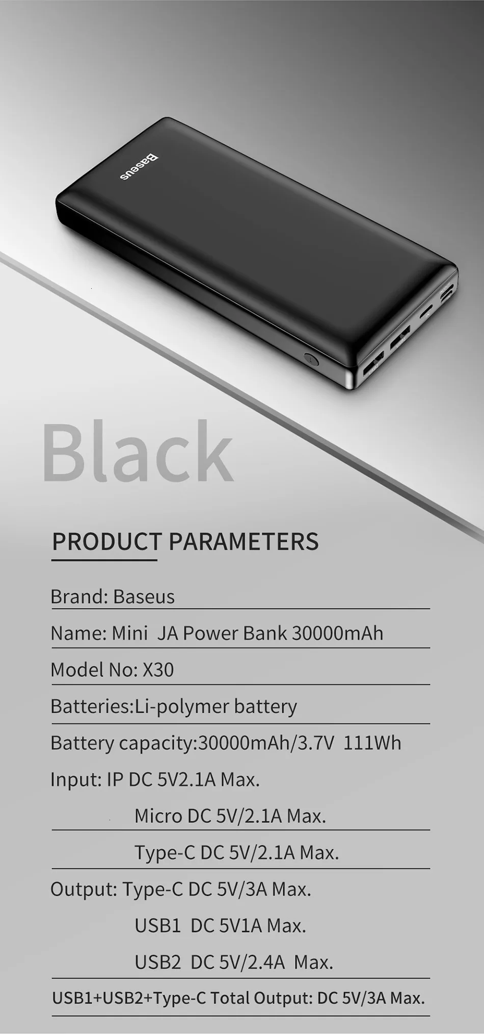 Baseus, 30000 мА/ч, внешний аккумулятор для samsung S10, S9, Xiaomi Mi, 9, 30000 мА/ч, внешний аккумулятор USB C, портативное зарядное устройство, повербанк