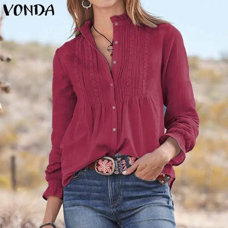 Модные женские блузки, топы, женская блузка, осенняя сорочка VONDA, одноцветная рубашка с длинным рукавом, женские блузки на пуговицах, большие размеры