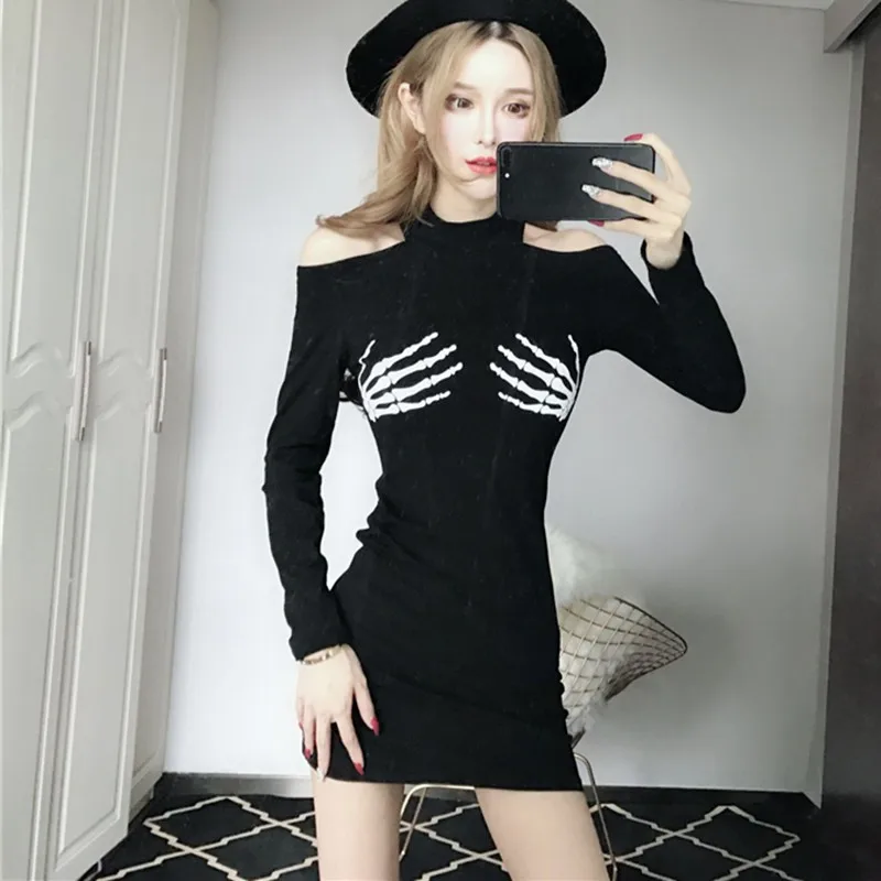 

Женское трикотажное платье, зимнее однотонное облегающее платье-свитер с длинным рукавом и бретельками в виде лап на Хэллоуин, осень