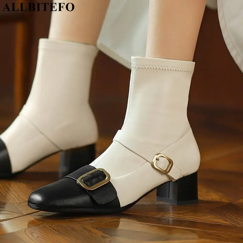 

Ботильоны ALLBITEFO женские из эластичного материала и натуральной кожи, модные ботинки на высоком каблуке с круглым носком, осенние сапоги, сме...