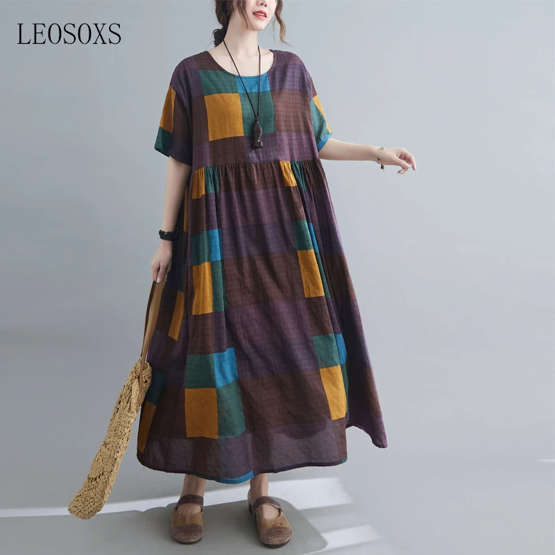 

2021New Summer Women'S Dresses plus size One-Piece Cotton Linen Dress maxi dress elegant Loose vintage Plaid Print Dress 5XL 6XL