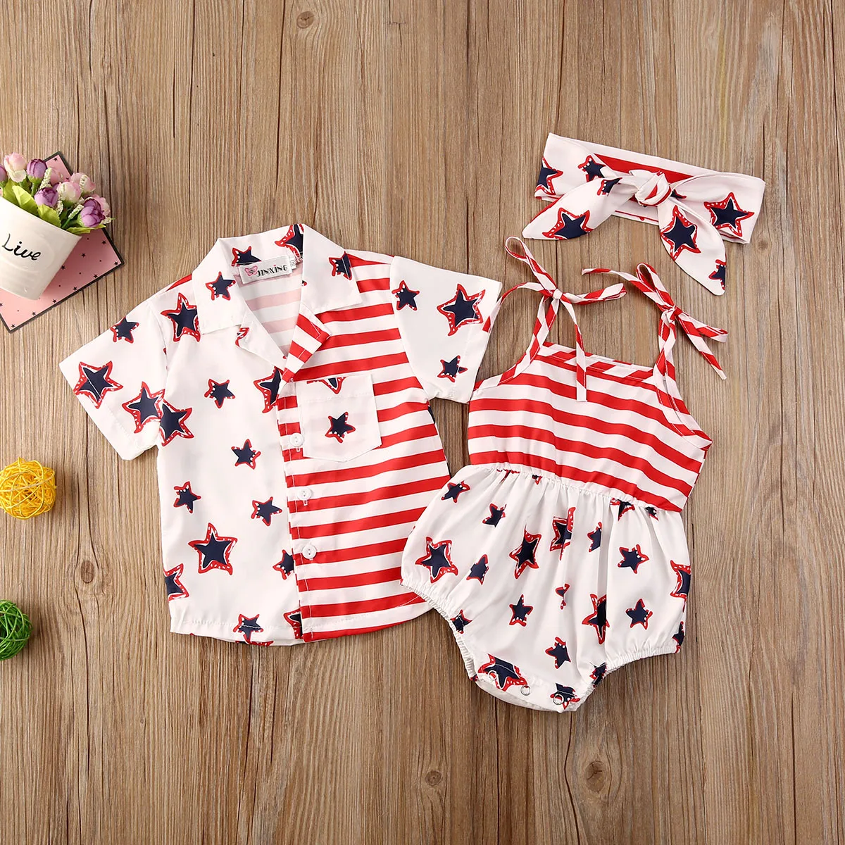 

Brother Sister Summer Outfits 0-5 Y Sibling Independence Day Patchwork Set Short Sleeve Shirt/Sleeveless Romper + Headband