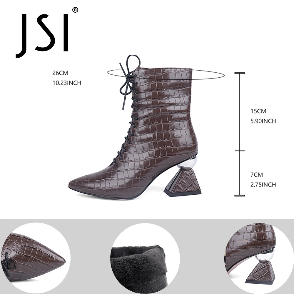 

JSI Mid-calf Winter Checkered Boots Ladies Genuine Leather Pointed Toe Cross-tied Boots Woman High Strange Heel Boots C774