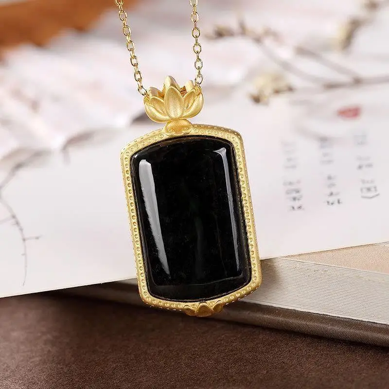 

Original S925 Sterling Silver Natural Hetian Jade Dark Jade Personality Lotus Upscale Retro Lucky Pendant Ornament